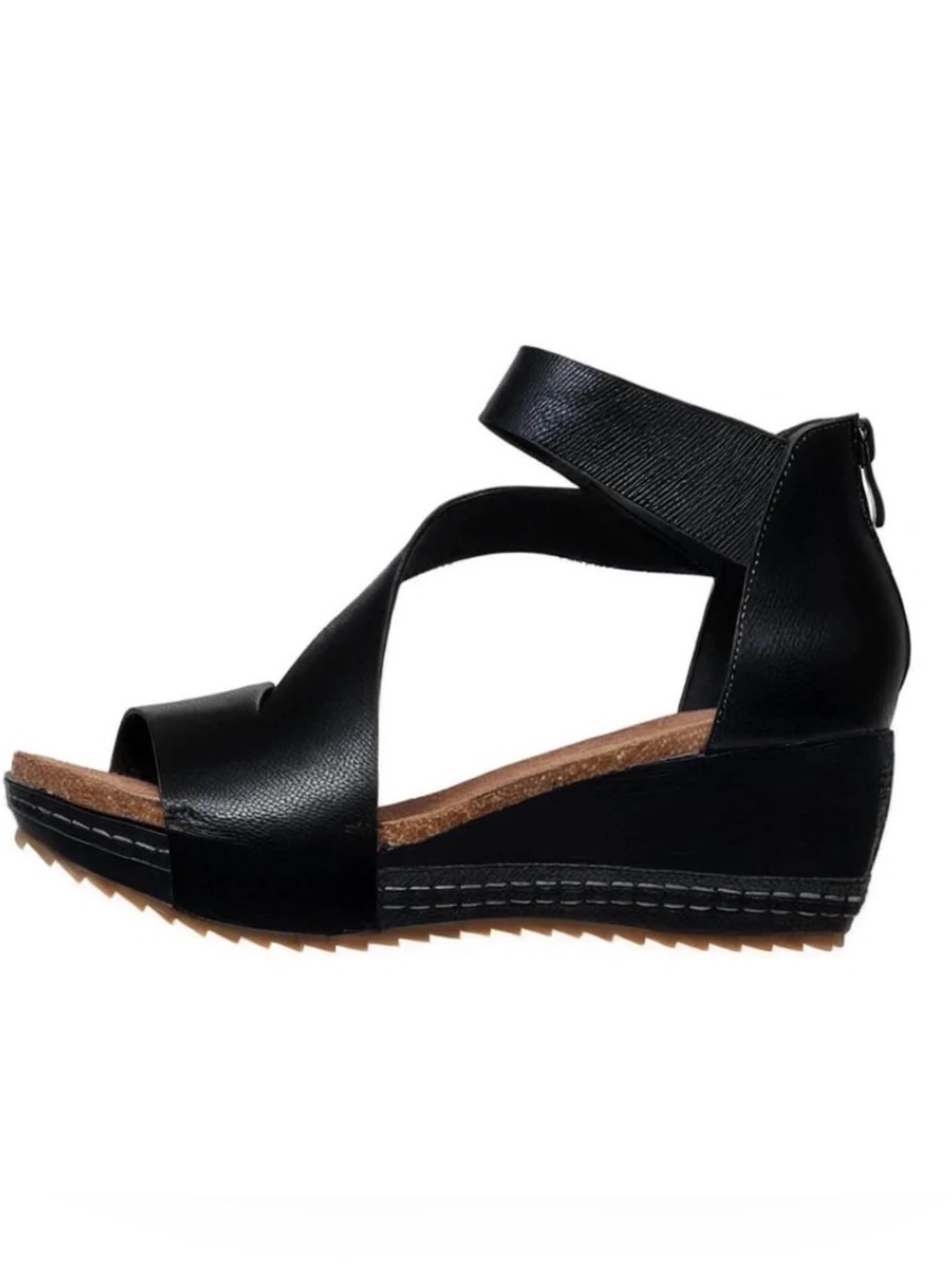ANTELOPE Black Leather Wedge Sandals with Ankle Strap - Picture 2 of 9
